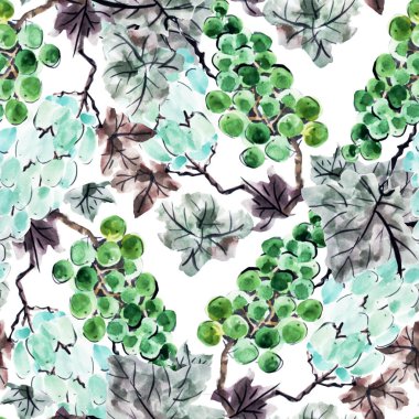 Sulu boya yeşil üzüm, tasarım öğeleri ile zarif seamless modeli. Meyve desen davetiye, tebrik kartları, scrapbooking, baskı, hediye paketi, imalat, Tekstil için. Yemek, şarap Tema