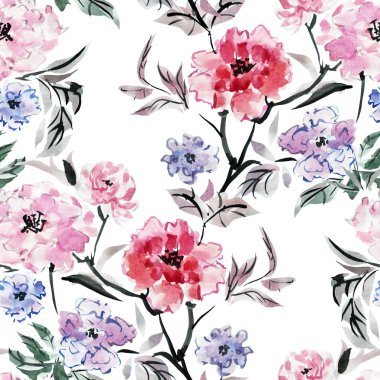 Suluboya şakayık çiçekleri, tasarım öğeleri ile zarif seamless modeli. Çiçek desenli davetiye, tebrik kartları, scrapbooking, baskı, hediye paketi, imalat, tekstil. 