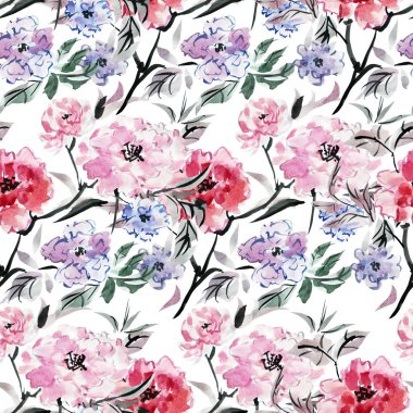 Suluboya şakayık çiçekleri, tasarım öğeleri ile zarif seamless modeli. Çiçek desenli davetiye, tebrik kartları, scrapbooking, baskı, hediye paketi, imalat, tekstil. 