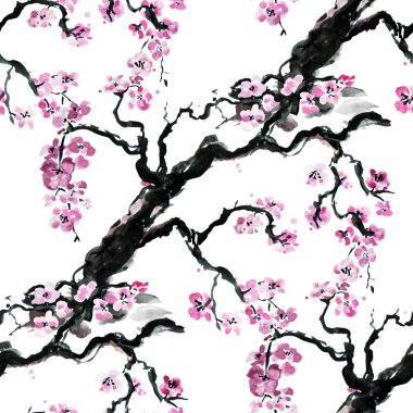 Suluboya çiçek açan sakura çiçekler, tasarım öğeleri ile zarif seamless modeli. Çiçek desenli davetiye, tebrik kartları, scrapbooking, baskı, hediye paketi, imalat, tekstil. 