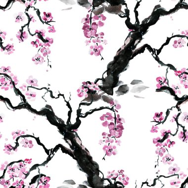 Suluboya çiçek açan sakura çiçekler, tasarım öğeleri ile zarif seamless modeli. Çiçek desenli davetiye, tebrik kartları, scrapbooking, baskı, hediye paketi, imalat, tekstil. 