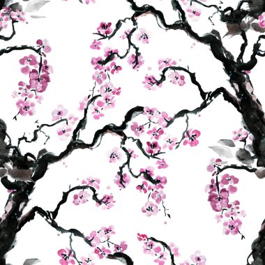 Suluboya çiçek açan sakura çiçekler, tasarım öğeleri ile zarif seamless modeli. Çiçek desenli davetiye, tebrik kartları, scrapbooking, baskı, hediye paketi, imalat, tekstil. 