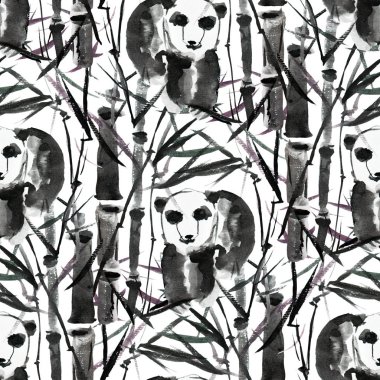 Suluboya panda ayıları ve bambu bitki, tasarım öğeleri ile zarif seamless modeli. Davetiye, tebrik kartları, scrapbooking, baskı, hediye paketi, imalat, Tekstil için tropikal desen. 
