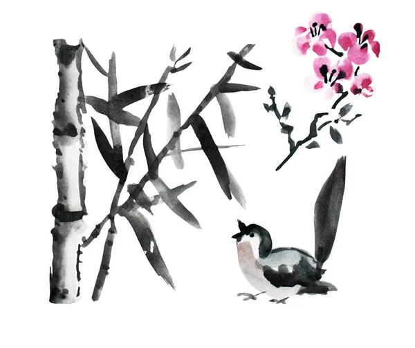 Decorative watercolor bamboo plants, bird and sakura clipart, design elements. Can be used for cards, invitations, banners, posters, print design. Watercolor floral background