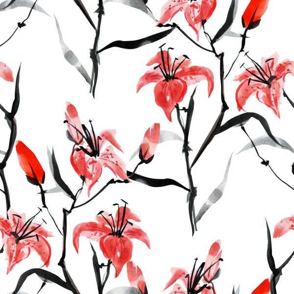 典雅无缝图案配以水彩红百合花 设计元素 剪贴簿 礼品包装 纺织花卉图案 — 图库照片