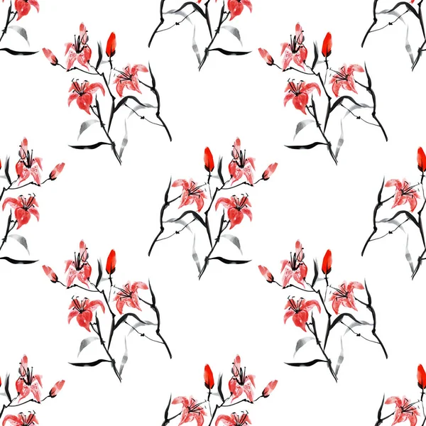 Elegant Seamless Pattern Watercolor Red Lily Flowers Design Elements Floral — Stock Photo, Image