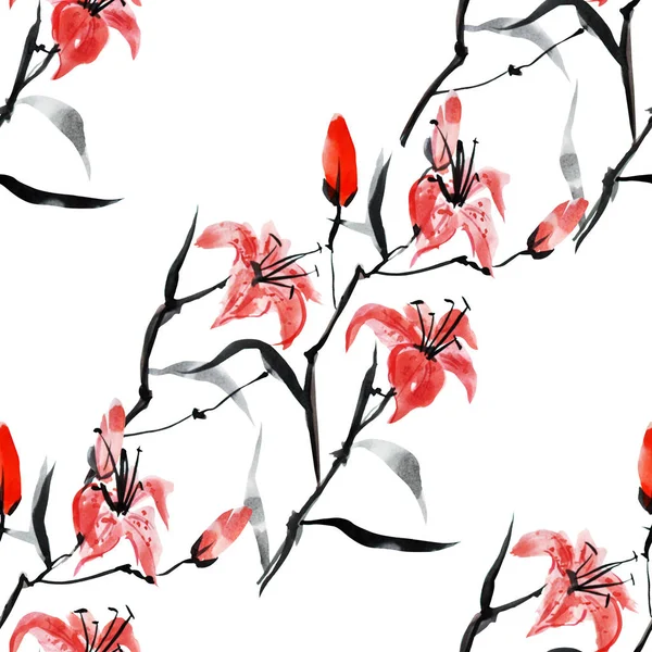 Elegant Seamless Pattern Watercolor Red Lily Flowers Design Elements Floral — Stock Photo, Image