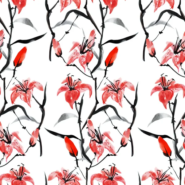 Elegant Seamless Pattern Watercolor Red Lily Flowers Design Elements Floral — Stock Photo, Image