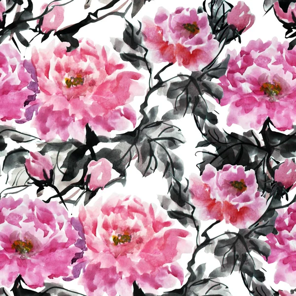 Κομψό Απρόσκοπτη Μοτίβο Ακουαρέλα Peony Λουλούδια Σχεδιαστικά Στοιχεία Floral Μοτίβο — Φωτογραφία Αρχείου