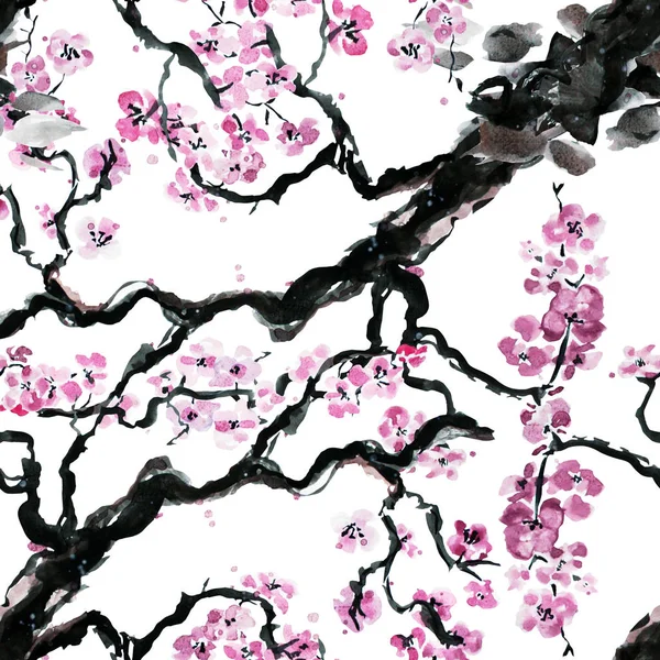 Elegantní Vzor Bezešvé Akvarel Kvetoucí Sakura Květiny Designovými Prvky Květinový — Stock fotografie