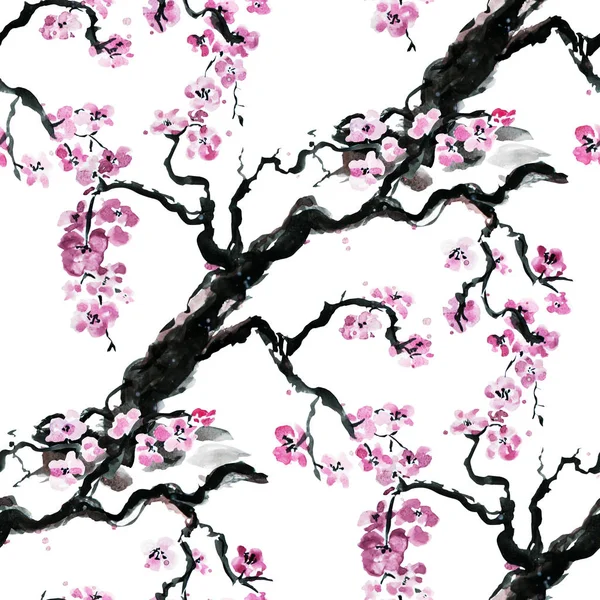 Suluboya Çiçek Açan Sakura Çiçekler Tasarım Öğeleri Ile Zarif Seamless — Stok fotoğraf