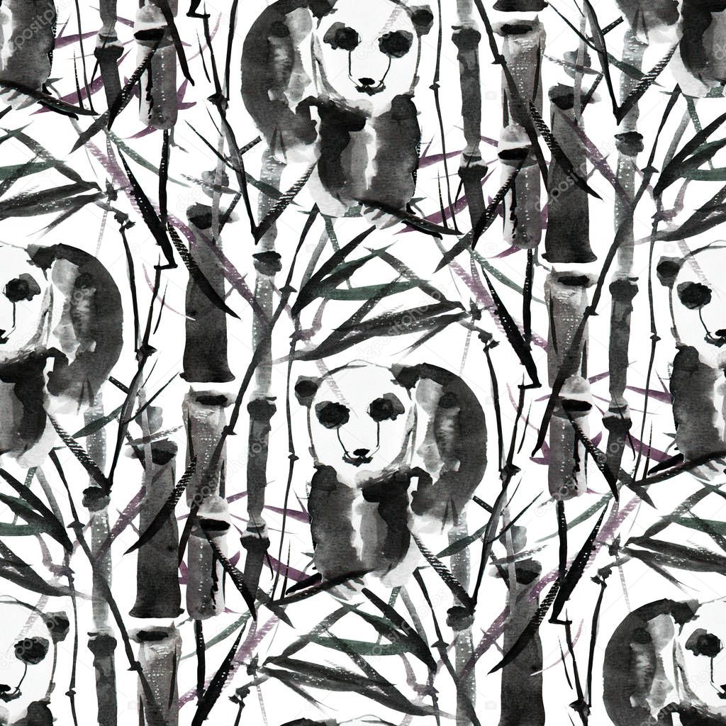 Elegant seamless pattern with watercolor panda bears and  bamboo plants, design elements. Tropical pattern for invitations, greeting cards, scrapbooking, print, gift wrap, manufacturing, textile. 