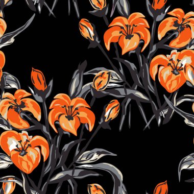 Zambak çiçekleri ve tasarım elementleriyle zarif, pürüzsüz bir desen. Davetiyeler, kartlar, baskı, hediye paketi, imalat, tekstil, kumaş, duvar kağıtları için çiçek deseni