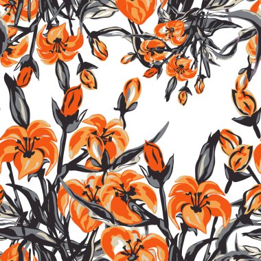 Zambak çiçekleri ve tasarım elementleriyle zarif, pürüzsüz bir desen. Davetiyeler, kartlar, baskı, hediye paketi, imalat, tekstil, kumaş, duvar kağıtları için çiçek deseni