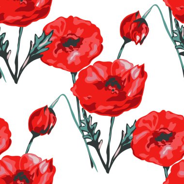 Haşhaş çiçekleri ve tasarım elementleriyle zarif, pürüzsüz bir desen. Davetiyeler, kartlar, baskı, hediye paketi, imalat, tekstil, kumaş, duvar kağıtları için çiçek deseni