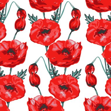 Haşhaş çiçekleri ve tasarım elementleriyle zarif, pürüzsüz bir desen. Davetiyeler, kartlar, baskı, hediye paketi, imalat, tekstil, kumaş, duvar kağıtları için çiçek deseni