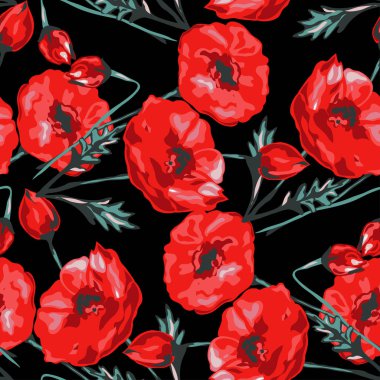 Haşhaş çiçekleri ve tasarım elementleriyle zarif, pürüzsüz bir desen. Davetiyeler, kartlar, baskı, hediye paketi, imalat, tekstil, kumaş, duvar kağıtları için çiçek deseni