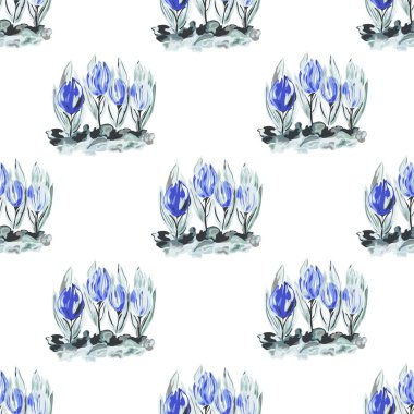 Kroküs çiçekleri ve tasarım elementleriyle zarif, pürüzsüz bir desen. Davetiyeler, kartlar, baskı, hediye paketi, imalat, tekstil, kumaş, duvar kağıtları için çiçek deseni