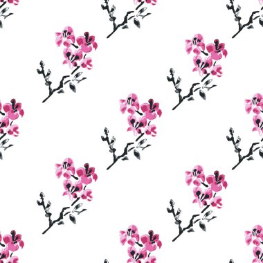 Sakura çiçekleri ve tasarım elementleriyle zarif, pürüzsüz bir desen. Davetiyeler, kartlar, baskı, hediye paketi, imalat, tekstil, kumaş, duvar kağıtları için çiçek deseni