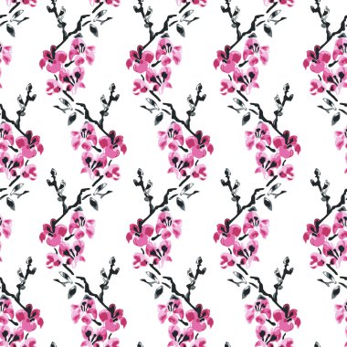 Sakura çiçekleri ve tasarım elementleriyle zarif, pürüzsüz bir desen. Davetiyeler, kartlar, baskı, hediye paketi, imalat, tekstil, kumaş, duvar kağıtları için çiçek deseni