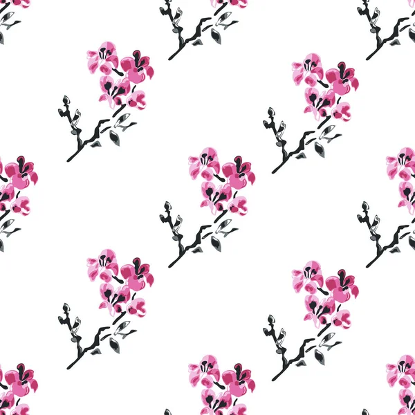 Sakura çiçekleri ve tasarım elementleriyle zarif, pürüzsüz bir desen. Davetiyeler, kartlar, baskı, hediye paketi, imalat, tekstil, kumaş, duvar kağıtları için çiçek deseni
