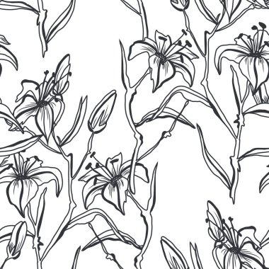 Lilly çiçekler, tasarım öğeleri ile zarif seamless modeli. Davetiyeler, kartları, baskı, hediye paketi, imalat, tekstil, kumaş, çiçek desenli duvar kağıtları