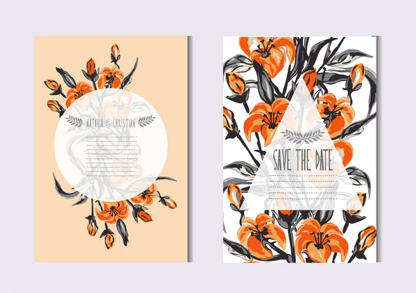 Dekoratif Lily Çiçekler Tasarım Öğeleri Ile Zarif Kartları Kullanılabilir Düğün — Stok Vektör
