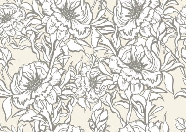 Şakayık çiçekleri ve tasarım elementleri olan zarif, pürüzsüz bir desen. Davetiyeler, kartlar, baskı, hediye paketi, imalat, tekstil, kumaş, duvar kağıtları için çiçek deseni