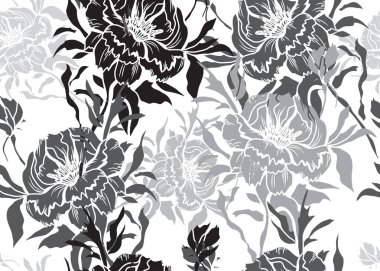 Şakayık çiçekleri ve tasarım elementleri olan zarif, pürüzsüz bir desen. Davetiyeler, kartlar, baskı, hediye paketi, imalat, tekstil, kumaş, duvar kağıtları için çiçek deseni