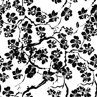 Sakura çiçekleri ve tasarım elementleriyle zarif, pürüzsüz bir desen. Davetiyeler, kartlar, baskı, hediye paketi, imalat, tekstil, kumaş, duvar kağıtları için çiçek deseni