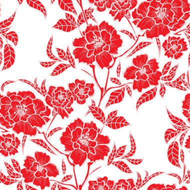 Şakayık çiçekleri ve tasarım elementleri olan zarif, pürüzsüz bir desen. Davetiyeler, kartlar, baskı, hediye paketi, imalat, tekstil, kumaş, duvar kağıtları için çiçek deseni