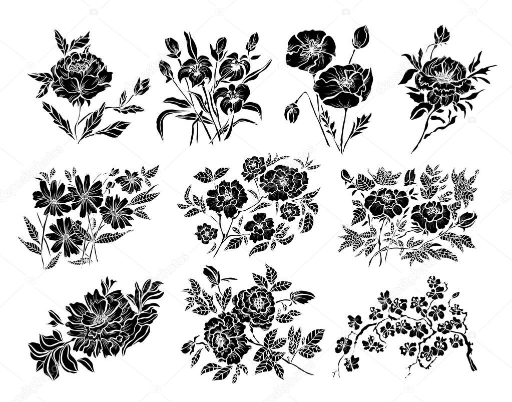 Decorative hand drawn  flowers, design elements. Can be used for cards, invitations, banners, posters, print design. Floral background in line art style