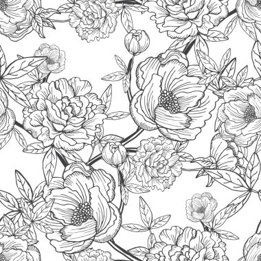 Şakayık çiçekleri ve tasarım elementleri olan zarif, pürüzsüz bir desen. Davetiyeler, kartlar, baskı, hediye paketi, imalat, tekstil, kumaş, duvar kağıtları için çiçek deseni