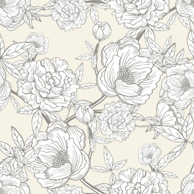 Şakayık çiçekleri ve tasarım elementleri olan zarif, pürüzsüz bir desen. Davetiyeler, kartlar, baskı, hediye paketi, imalat, tekstil, kumaş, duvar kağıtları için çiçek deseni