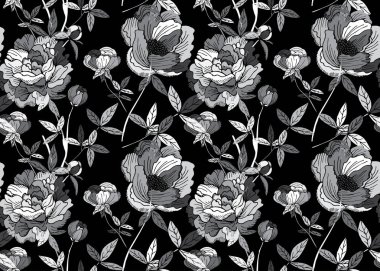 Şakayık çiçekleri ve tasarım elementleri olan zarif, pürüzsüz bir desen. Davetiyeler, kartlar, baskı, hediye paketi, imalat, tekstil, kumaş, duvar kağıtları için çiçek deseni