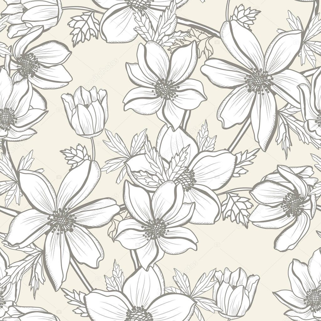 Elegant seamless pattern with anemone flowers, design elements. Floral  pattern for invitations, cards, print, gift wrap, manufacturing, textile, fabric, wallpapers