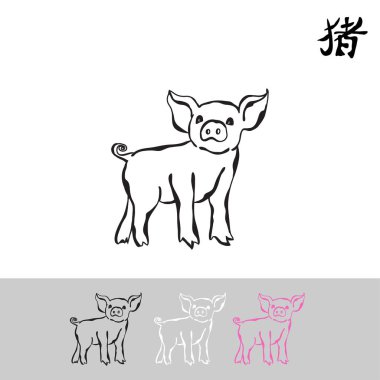 Elle çizilmiş domuz (domuz), tasarım öğesi. Kullanılabilir davetiye, tebrik kartları, scrapbooking, baskı, etiketleri, Amblemler, üretim için. Çizgi sanatı stili. 2019 yıl sembolü