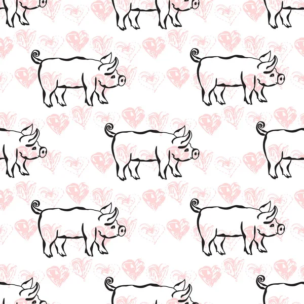 Elegant Seamless Pattern Hand Drawn Pig Pork Symbols Design Elements — Stock Vector