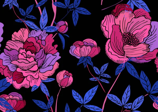 Élégant Motif Sans Couture Avec Des Fleurs Pivoine Des Éléments — Image vectorielle