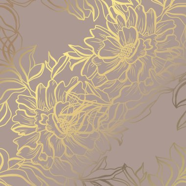 Elle çizilmiş dekoratif peonies, tasarım öğeleri ile zarif altın desen. Çiçek desenli davetiye, tebrik kartları, scrapbooking, baskı, hediye paketi, üretim için
