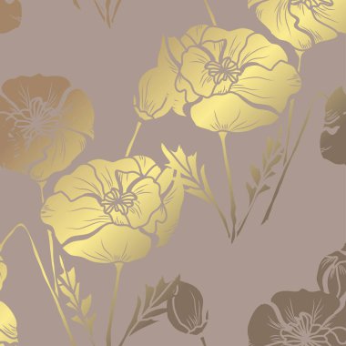 Elle çizilmiş dekoratif poppies, tasarım öğeleri ile zarif altın desen. Çiçek desenli davetiye, tebrik kartları, scrapbooking, baskı, hediye paketi, üretim için