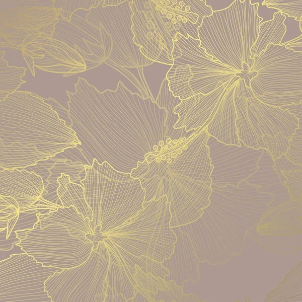 Elegant Golden Pattern Hand Drawn Decorative Hibiscus Flowers Design Elements — Stock Vector