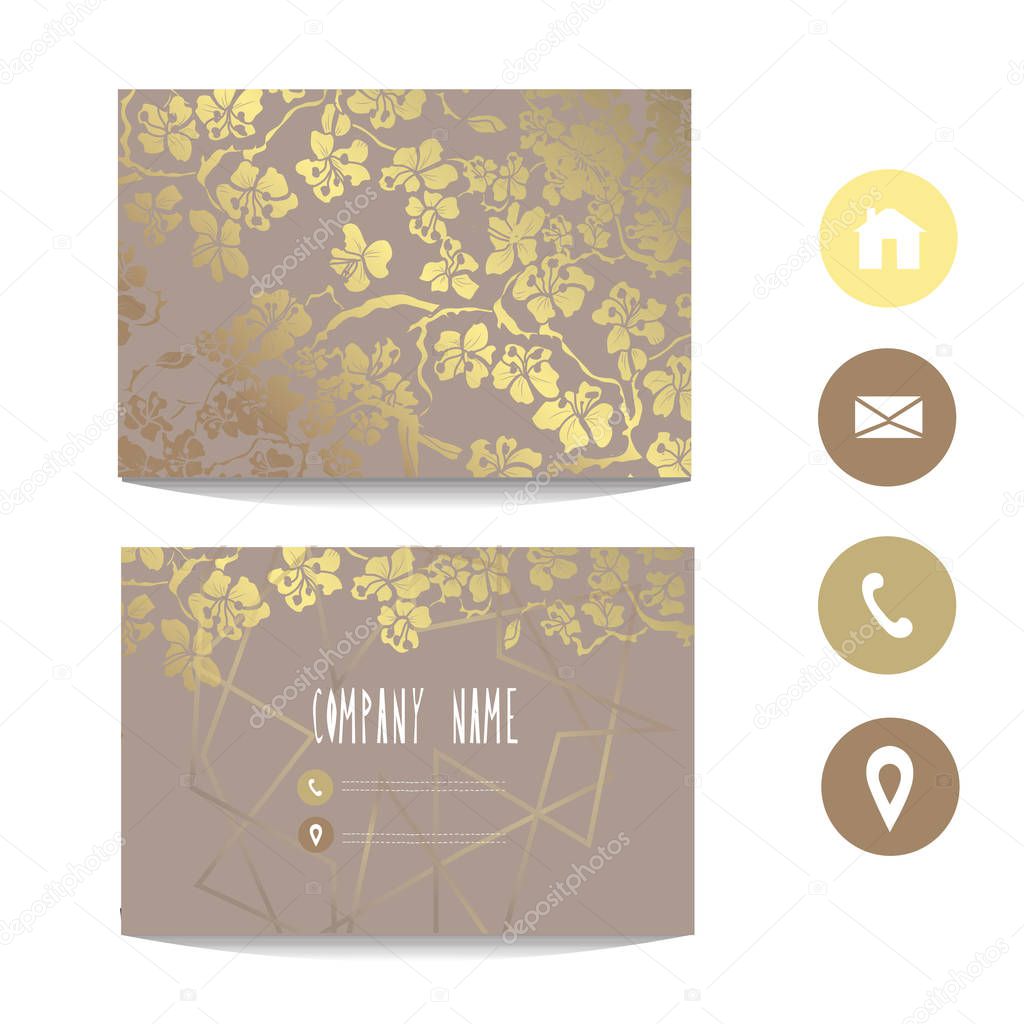 Business card template with golden sakura, design element. Can be used for greeting, wedding, rsvp cards, banners, invitations, flyers, posters. Golden background