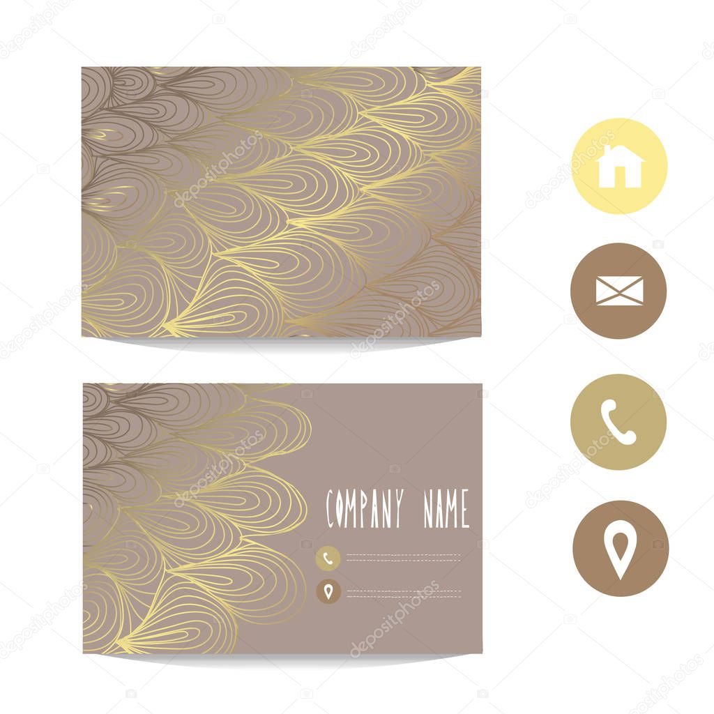 Business card template with golden ornament, design element. Can be used for greeting, wedding, rsvp cards, banners, invitations, flyers, posters. Golden background