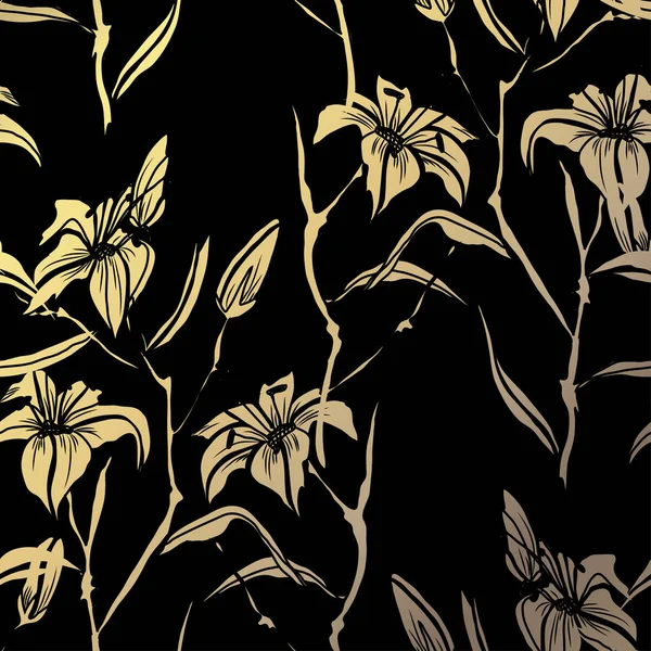 手描き装飾的なユリ デザイン要素でエレガントな黄金パターン 招待状 グリーティング カード スクラップブッ キング ギフト用包装紙 製造業の花柄 — ストックベクタ
