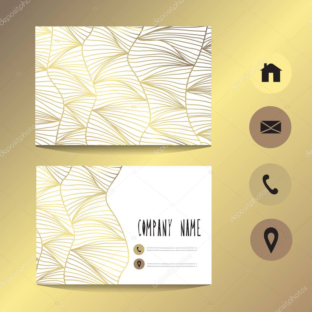 Business card template with golden ornament, design element. Can be used for greeting, wedding, rsvp cards, banners, invitations, flyers, posters. Golden background