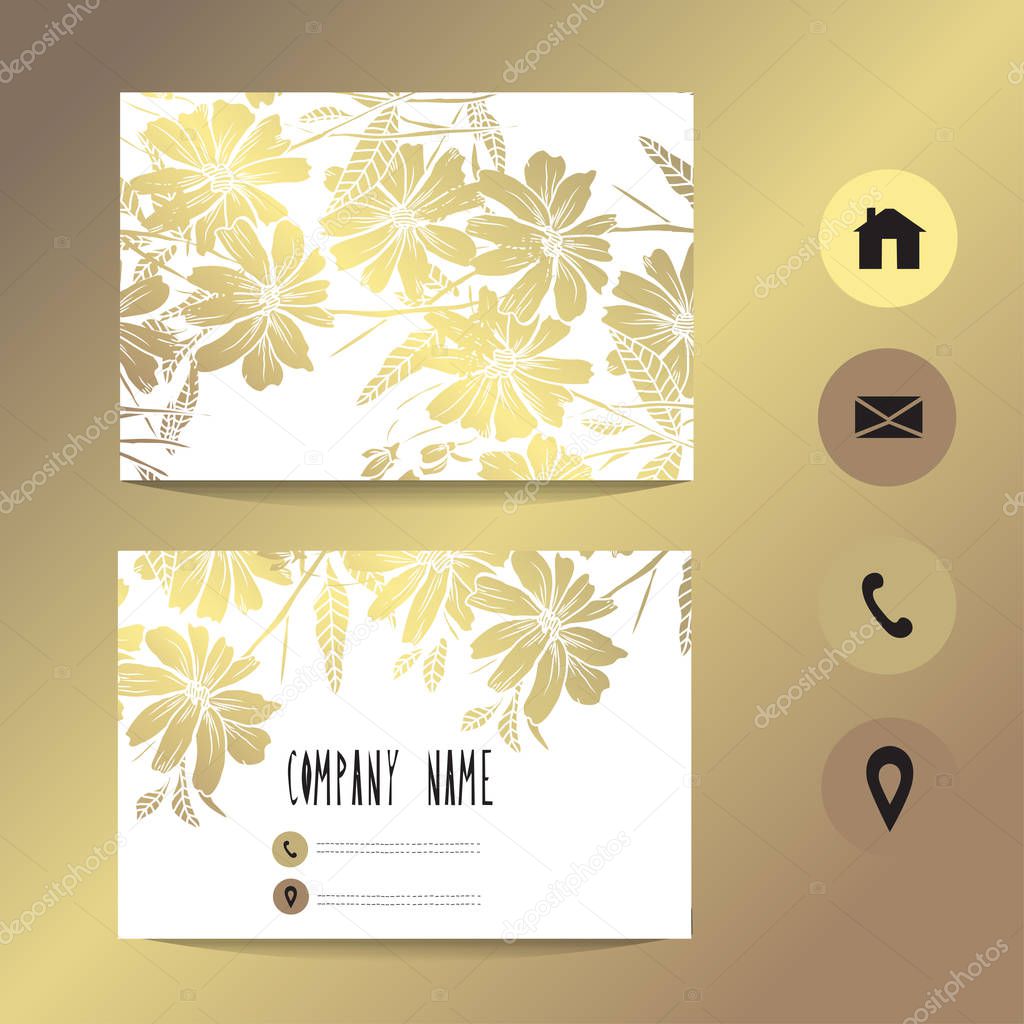 Business card template with golden chamomiles, design element. Can be used for greeting, wedding, rsvp cards, banners, invitations, flyers, posters. Golden background