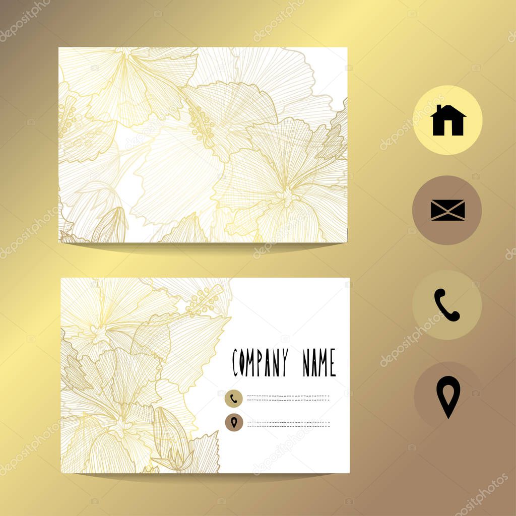 Business card template with golden hibiscus, design element. Can be used for greeting, wedding, rsvp cards, banners, invitations, flyers, posters. Golden background