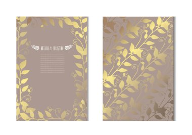 Dekoratif yaprakları, tasarım öğeleri ile zarif altın kartları. Kullanılabilir düğün, bebek duş, anneler günü, Sevgililer günü, Doğum günü, rsvp kartları, davetiyeler, tebrik için. Altın şablon arka plan