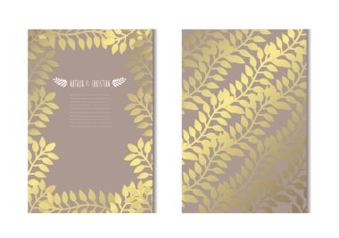 Dekoratif yaprakları, tasarım öğeleri ile zarif altın kartları. Kullanılabilir düğün, bebek duş, anneler günü, Sevgililer günü, Doğum günü, rsvp kartları, davetiyeler, tebrik için. Altın şablon arka plan